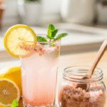 Close-up of pink salt trick recipe showing Himalayan salt crystals and mint garnish