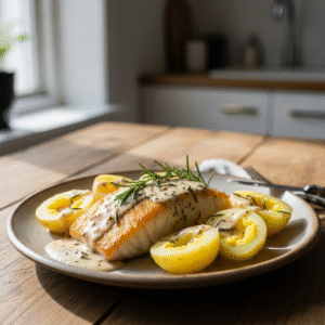 A plate of golden seared cod topped with rosemary cream sauce, served with halved potatoes and garnished with a fresh rosemary sprig in natural kitchen lighting.