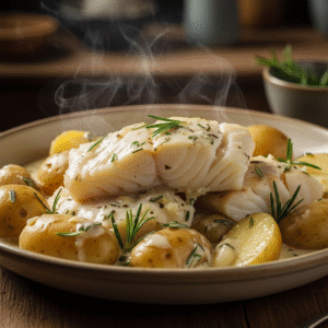 Creamy cod and potatoes in rosemary sauce close-up