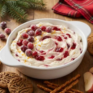Creamy Candied Cranberry Cheesecake Dip topped with sugared cranberries and orange zest, served with graham crackers, cookies, pretzels, and apple slices on a rustic wooden table.