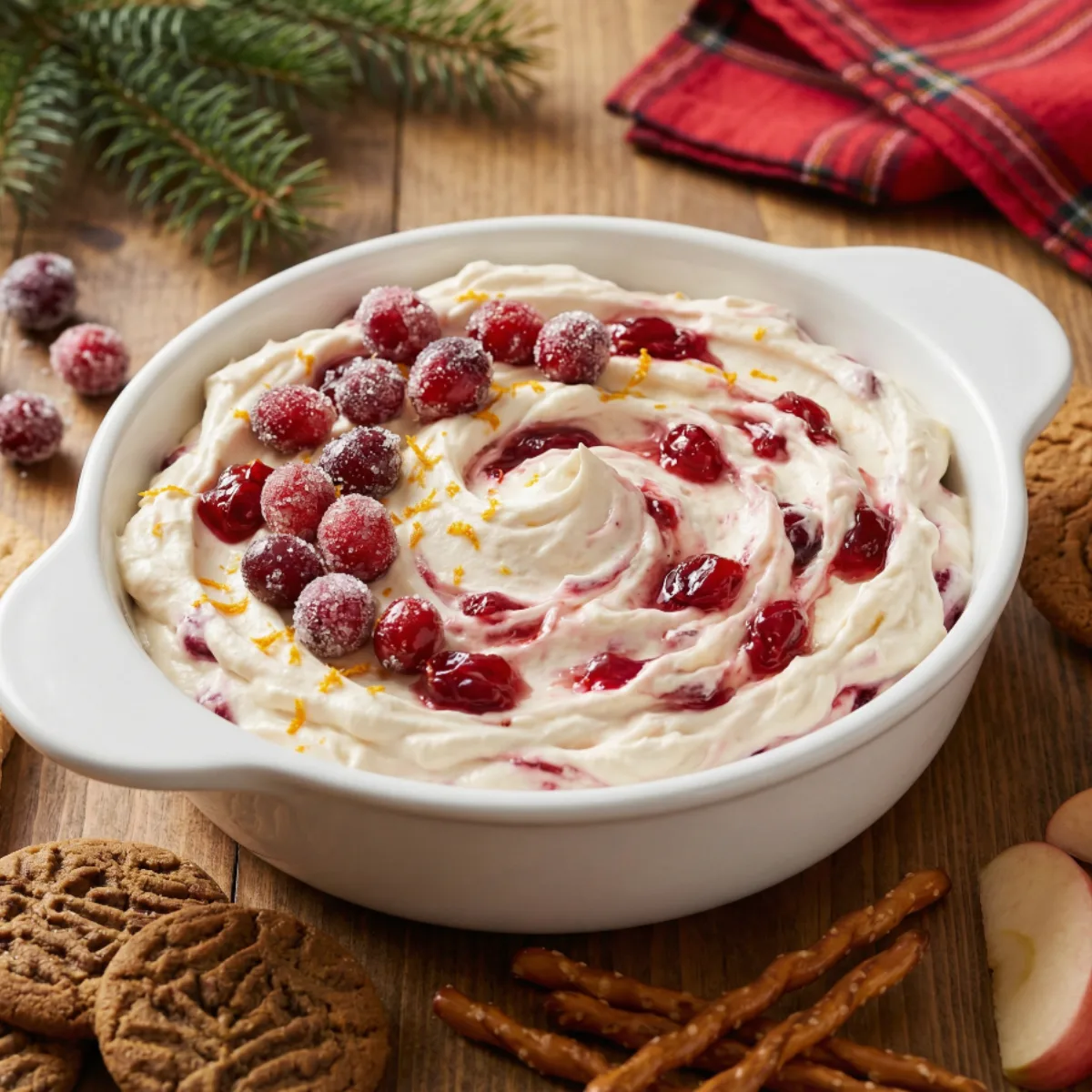 Creamy Candied Cranberry Cheesecake Dip topped with sugared cranberries and orange zest, served with graham crackers, cookies, pretzels, and apple slices on a rustic wooden table.