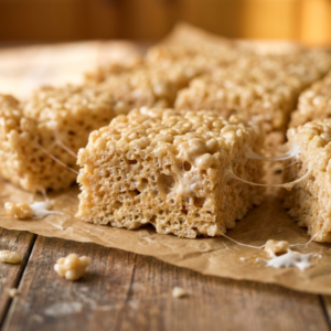 Close-up of soft and gooey Rice Crispy Treat squares with melted marshmallow strands on parchment paper, placed on a rustic wooden surface.