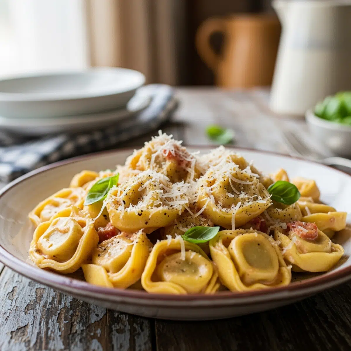 Creamy tortellini pasta topped with grated cheese and fresh basil, served on a rustic plate