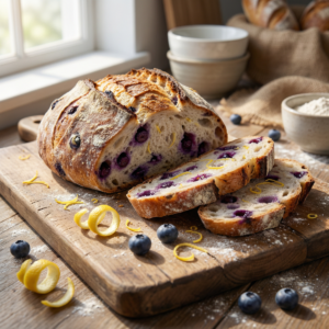 Lemon blueberry sourdough bread loaf sliced on a wooden cutting board showing airy crumb with fresh blueberries and lemon zest in a rustic kitchen setting.