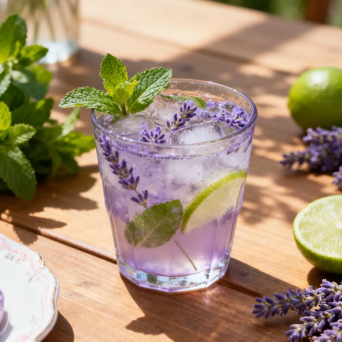 Spring mocktail lavender mojito with mint leaves, lime slices, and ice in a glass, served on a wooden table with fresh lavender and citrus
