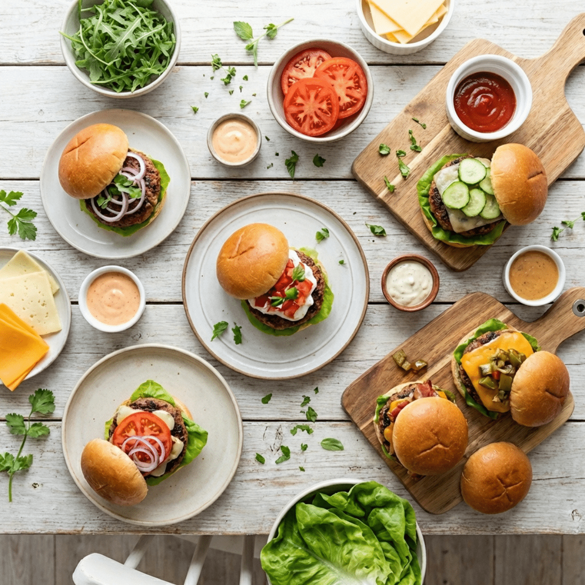 Easy summer burger recipes with multiple homemade burgers, fresh toppings like lettuce, tomato, cheese, sauces, and ingredients arranged in a bright flat lay style