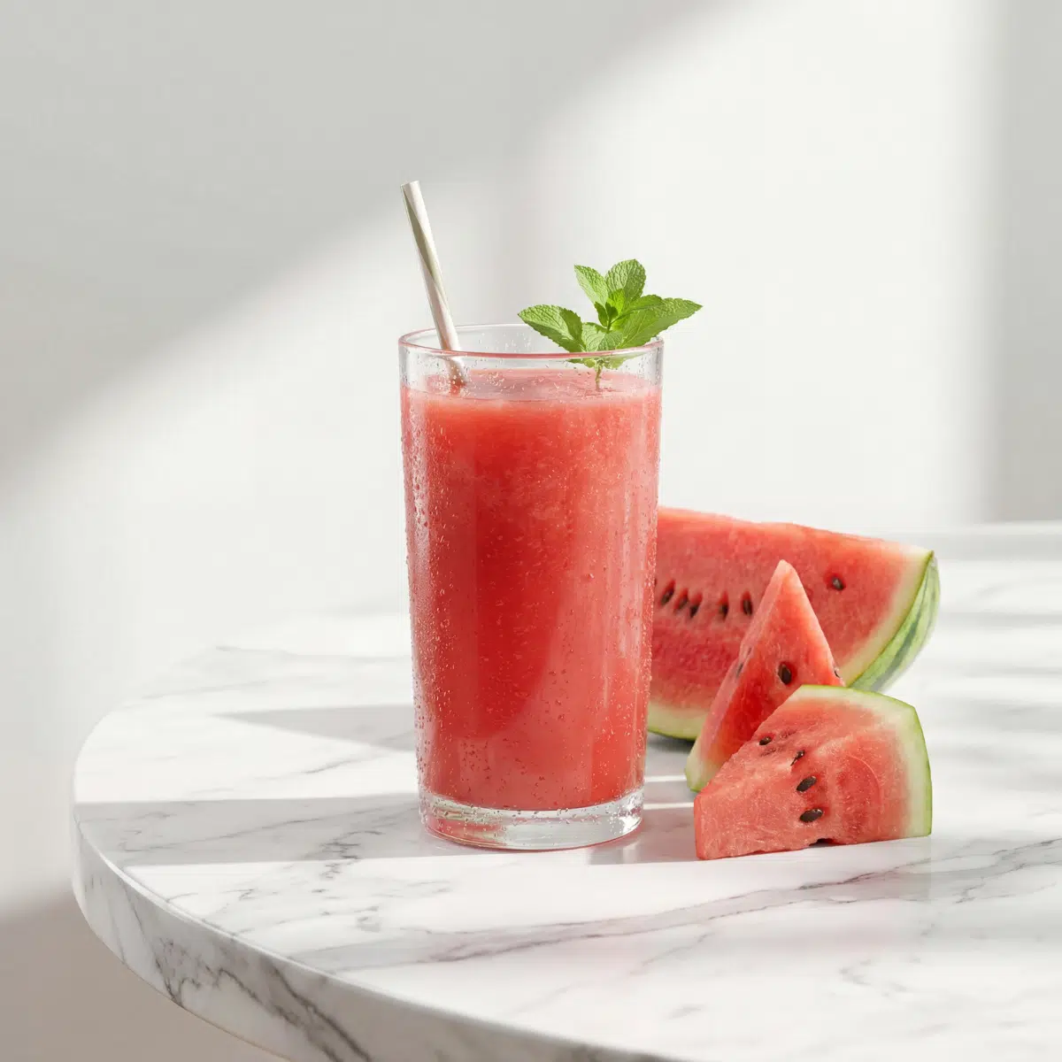 Fresh watermelon juice recipe in a glass with mint garnish and ice, served on marble surface with sliced watermelon, healthy summer drink