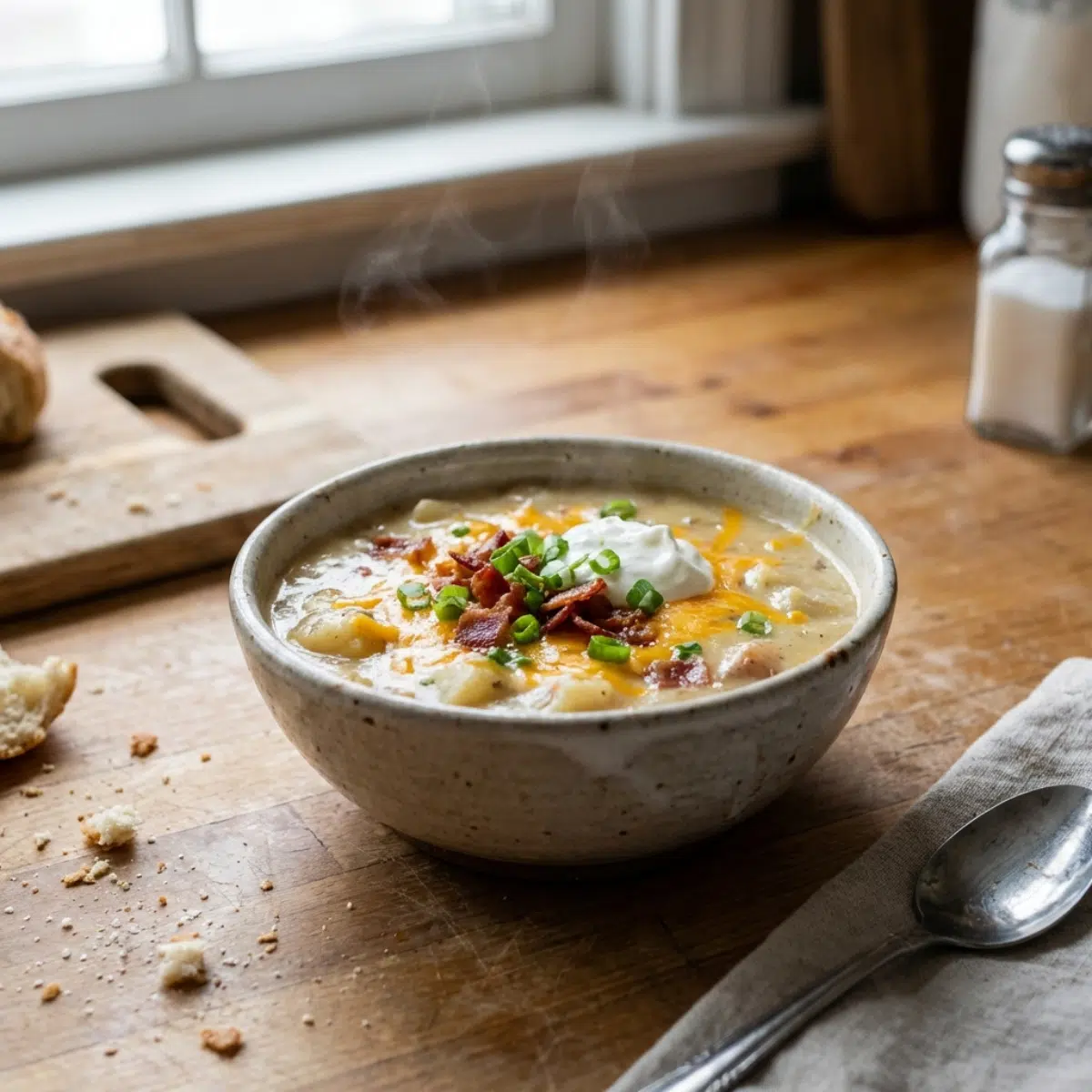 homemade loaded baked potato soup crockpot with cheese bacon sour cream and green onions in a bowl