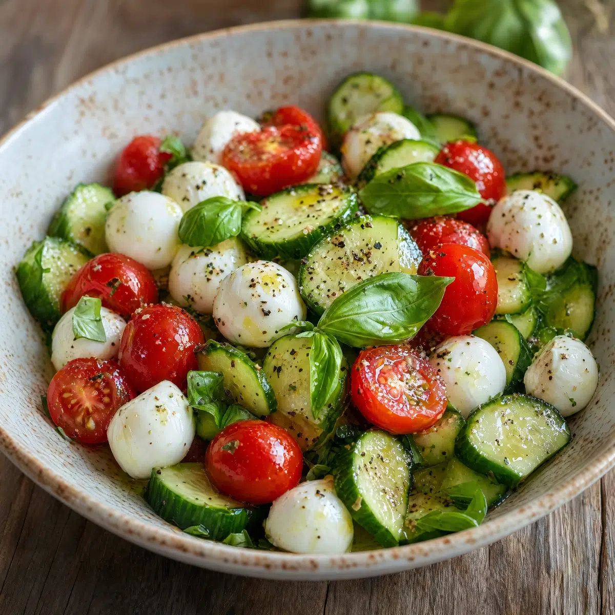 Cucumber Caprese Salad with fresh cucumbers, cherry tomatoes, mozzarella balls, and basil drizzled with olive oil in a bowl