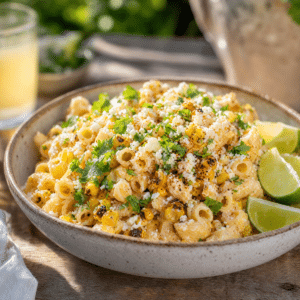 Street Corn Pasta Salad with grilled corn, cotija cheese, fresh cilantro, and lime wedges in a bowl