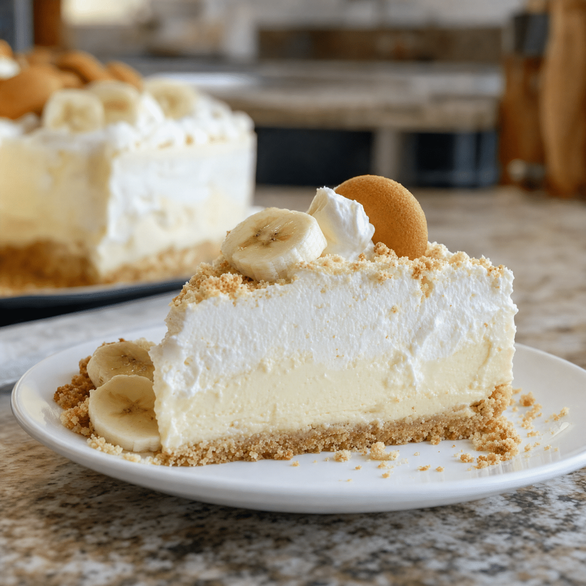 No Bake Banana Pudding Cheesecake slice with whipped cream, banana slices, and Nilla wafer crust on plate