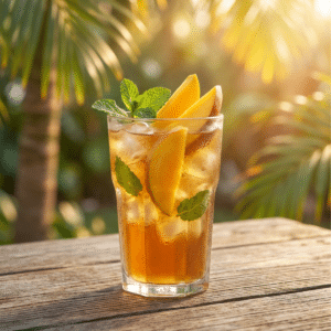 A glass of homemade mango iced tea with ice cubes, fresh mango slices, and mint leaves on a rustic wooden table in a tropical outdoor setting.