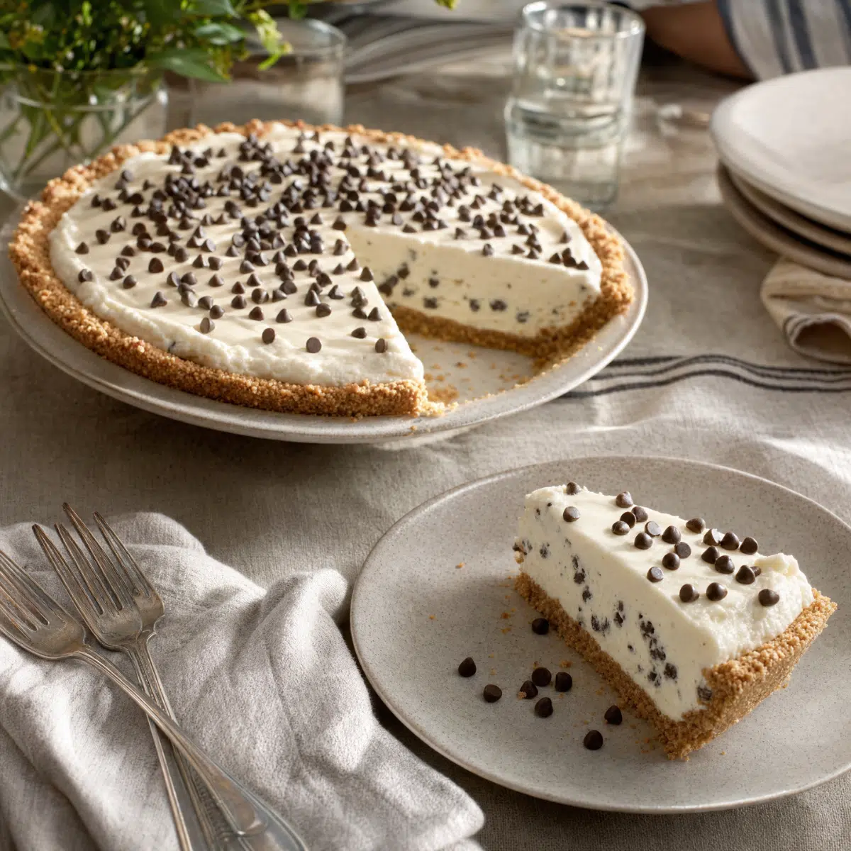 Chocolate Chip Cannoli Pie with ricotta mascarpone filling, mini chocolate chips, and golden cookie crumb crust, with one slice served on a plate.