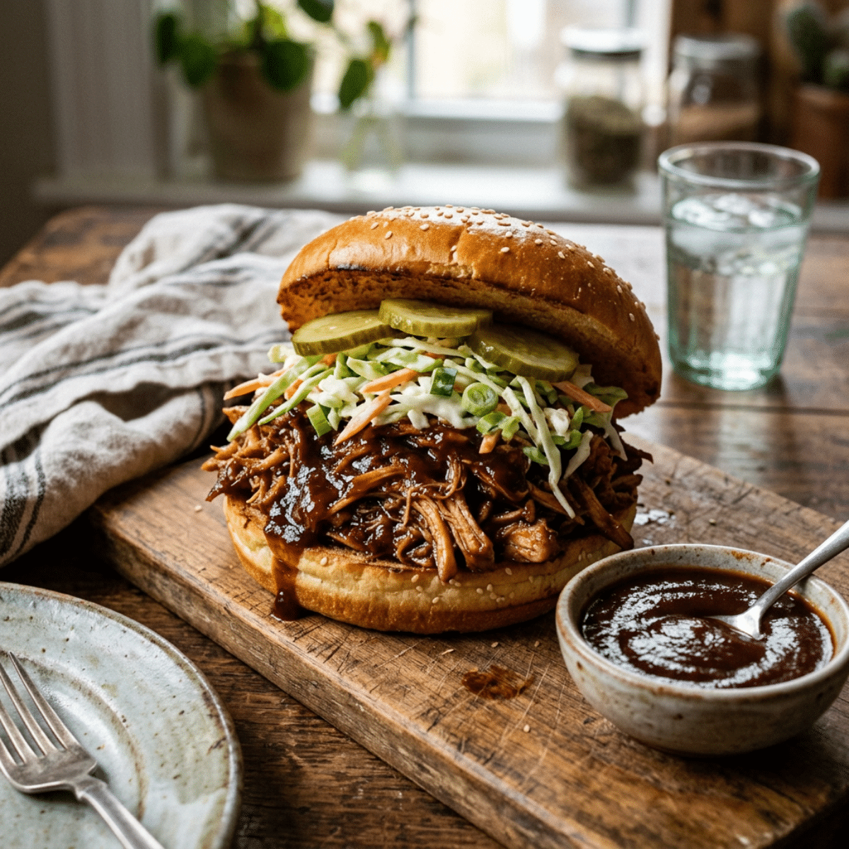 Best Crockpot BBQ Chicken sandwich with tender shredded BBQ chicken, creamy coleslaw, and pickles on a toasted sesame bun.